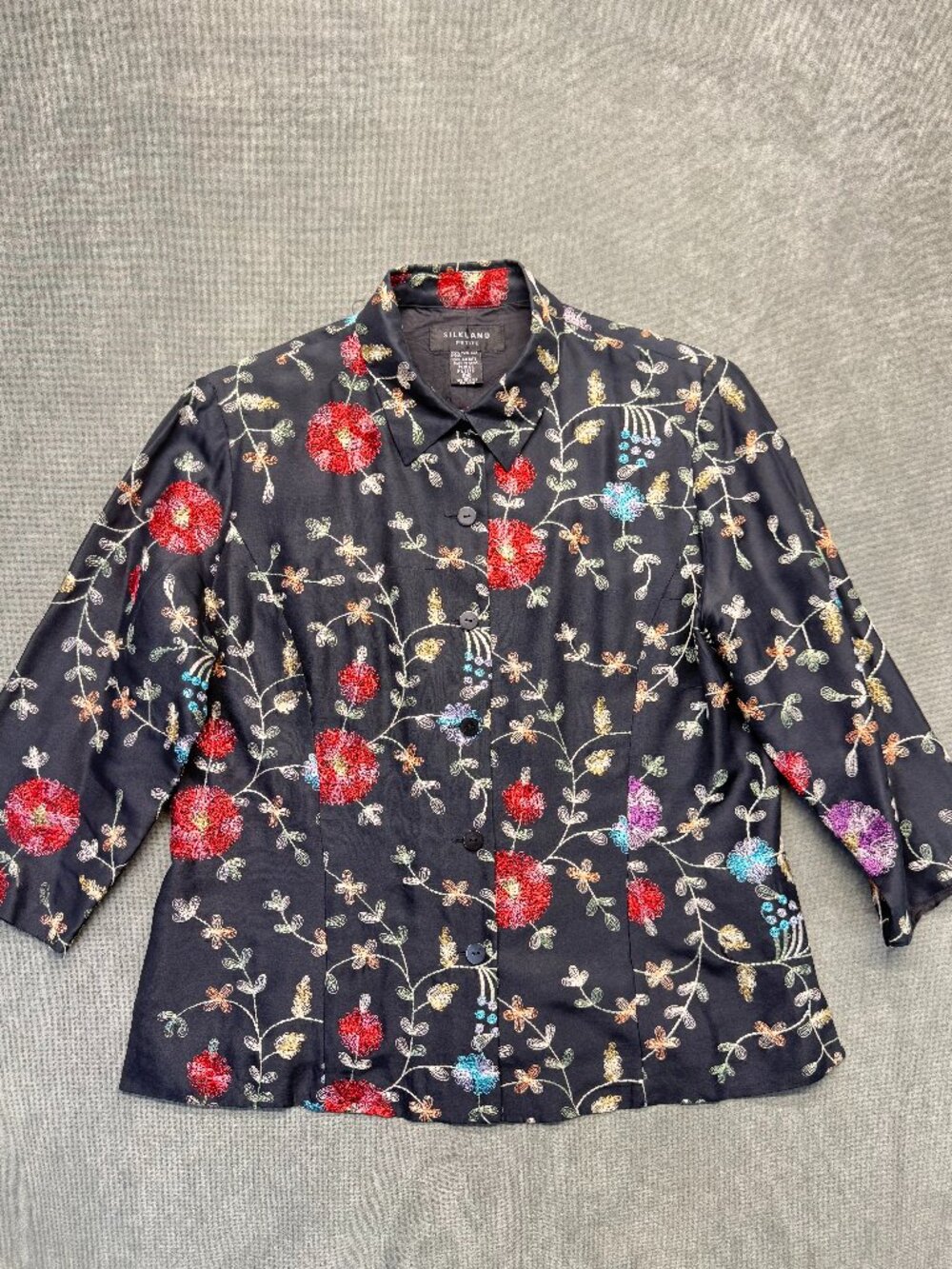 Silkland Petite 100% Silk Embroidered Floral Blouse Womens 12P Black Button up